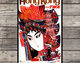 Hong Kong - Fly TWA - Vintage Airline Travel Poster Travel Posters