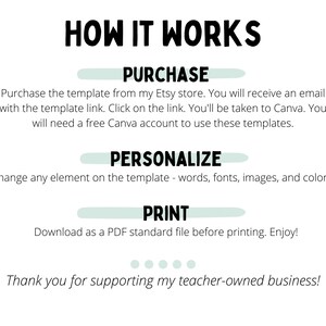 May include: How it works: Purchase, personalize, and print a template from Etsy.  You will receive an email with a link to Canva, where you can customize the template.  You will need a free Canva account to use the templates.  Download as a PDF standard file before printing.  Enjoy! Thank you for supporting my teacher-owned business!