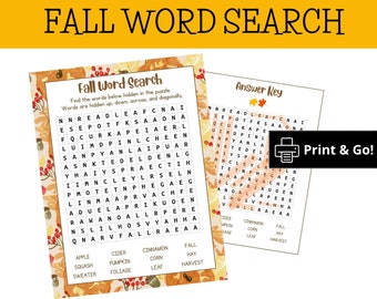 Fall Word Search, Word Search with Answer Key, Printable Fall Game, Fall Games for Kids, Classroom Games, Word Search Game