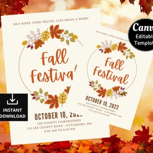 May include: A printable flyer for a Fall Festival with a wreath of autumn leaves and the text "Fall Festival" in a circle. The flyer includes the date, time, and location of the event. The text "HAY RIDES, FOOD TRUCKS, LIVE MUSIC & MORE!" is at the top of the flyer.