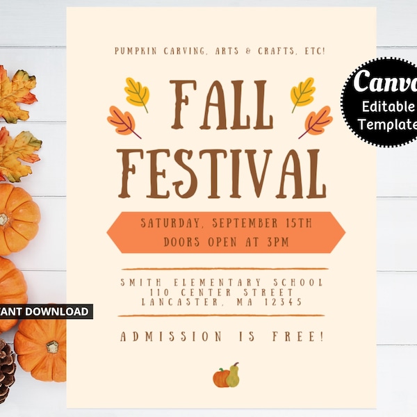 Editable Fall Festival Fall Harvest Flyer/Poster Printable Halloween Invitation, Community Halloween Event, Church School Halloween Party
