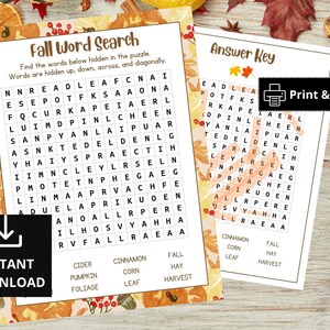 Fall Word Search, Word Search With Answer Key, Printable Fall Game ...