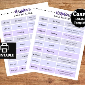 Kids Daily Schedule, Homeschool Schedule, Daily Routine, Class Schedule, Class Planner, Purple Schedule Template