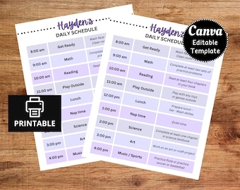 Kids Daily Schedule, Homeschool Schedule, Daily Routine, Class Schedule, Class Planner, Purple Schedule Template
