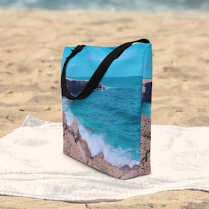 Karibik Strandtasche, Original Design Tote mit Innentasche, Aruba Schultertasche, Küstenklippen Carryall, Geschenke zum Thema Ozean