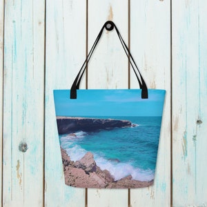 Karibik Strandtasche, Original Design Tote mit Innentasche, Aruba Schultertasche, Küstenklippen Carryall, Geschenke zum Thema Ozean