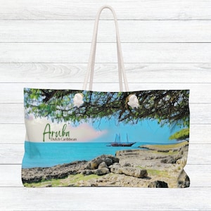 Original Aruba Caribbean Beach Bag, Piratenschiff Nautische Schultertasche, Custom Coastal Carryall, Wiederverwendbare Tropical Sea Print Shopper