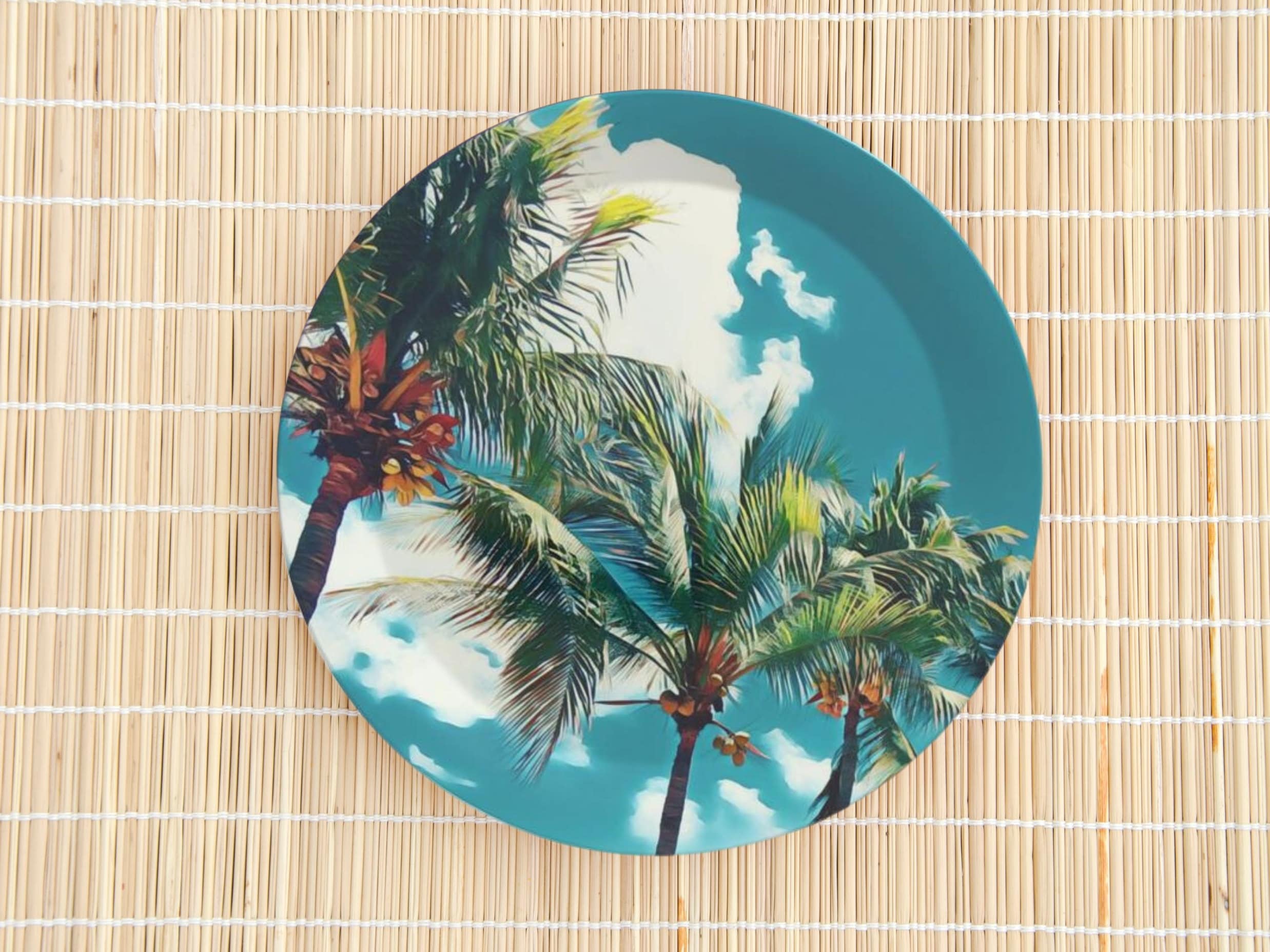 Set of 75 Palm Tree Plastic Plates Made in UK Tropical Party Decor Shatterproof Summer Plate Set Beach Themed Outdoor Dining