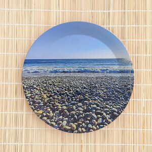 7.5&quot; Plastic Plates, Made in UK, San Diego, CA Ponto Beach Stones and Ocean Print, Set of Coastal Summer Party Dishes, Outdoor Tableware