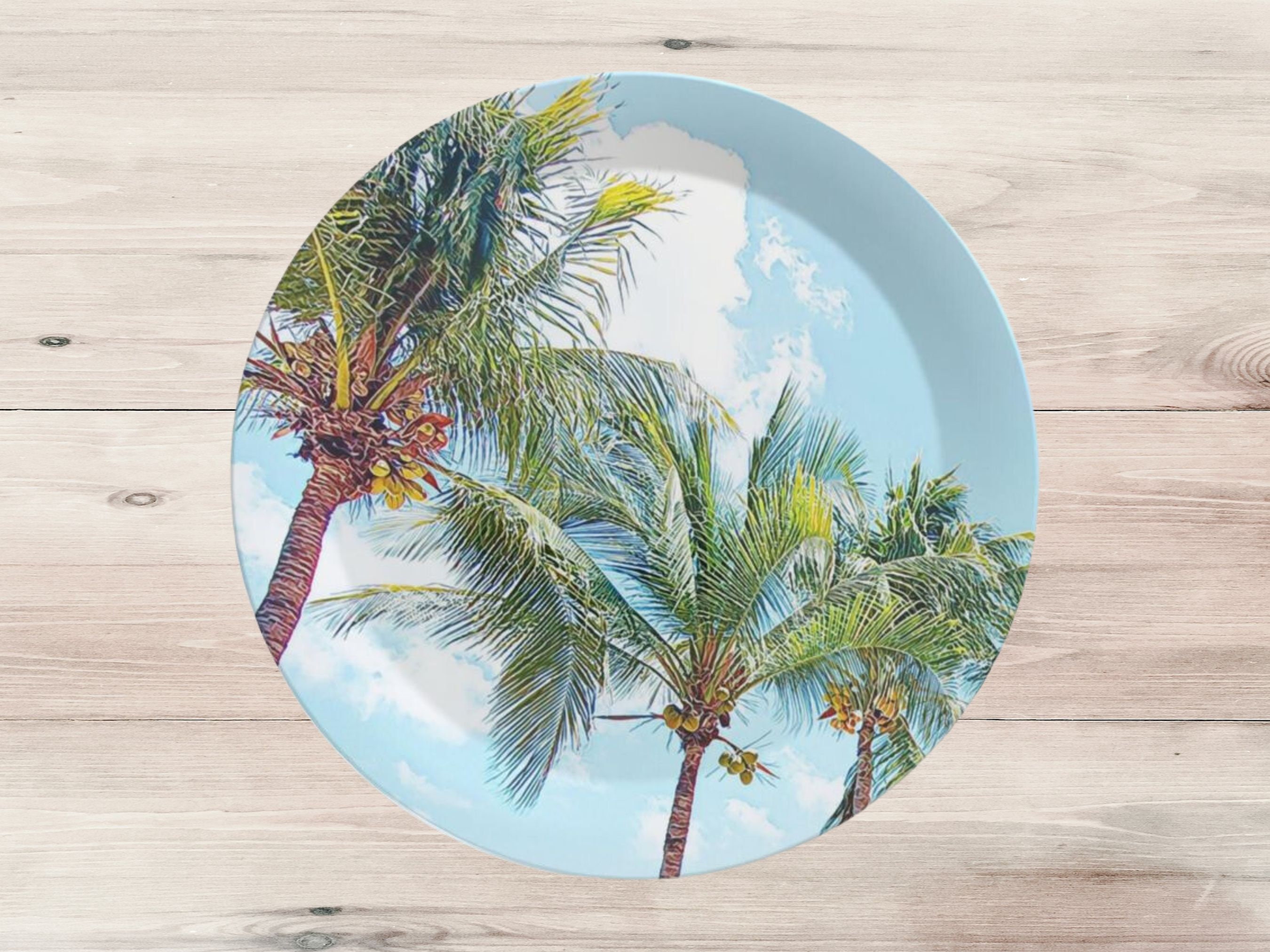 Set of 75 Palm Tree Plastic Plates Made in UK Tropical Party Decor Shatterproof Summer Party Plate Set Beach Themed Outdoor