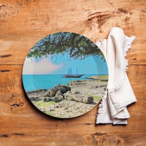 Set of 7.5&quot; Plastic Plates, Aruba Pirate Ship Print Dishes, Made in UK, Beach Party Decor, Coastal Ocean Themed Outdoor Tableware