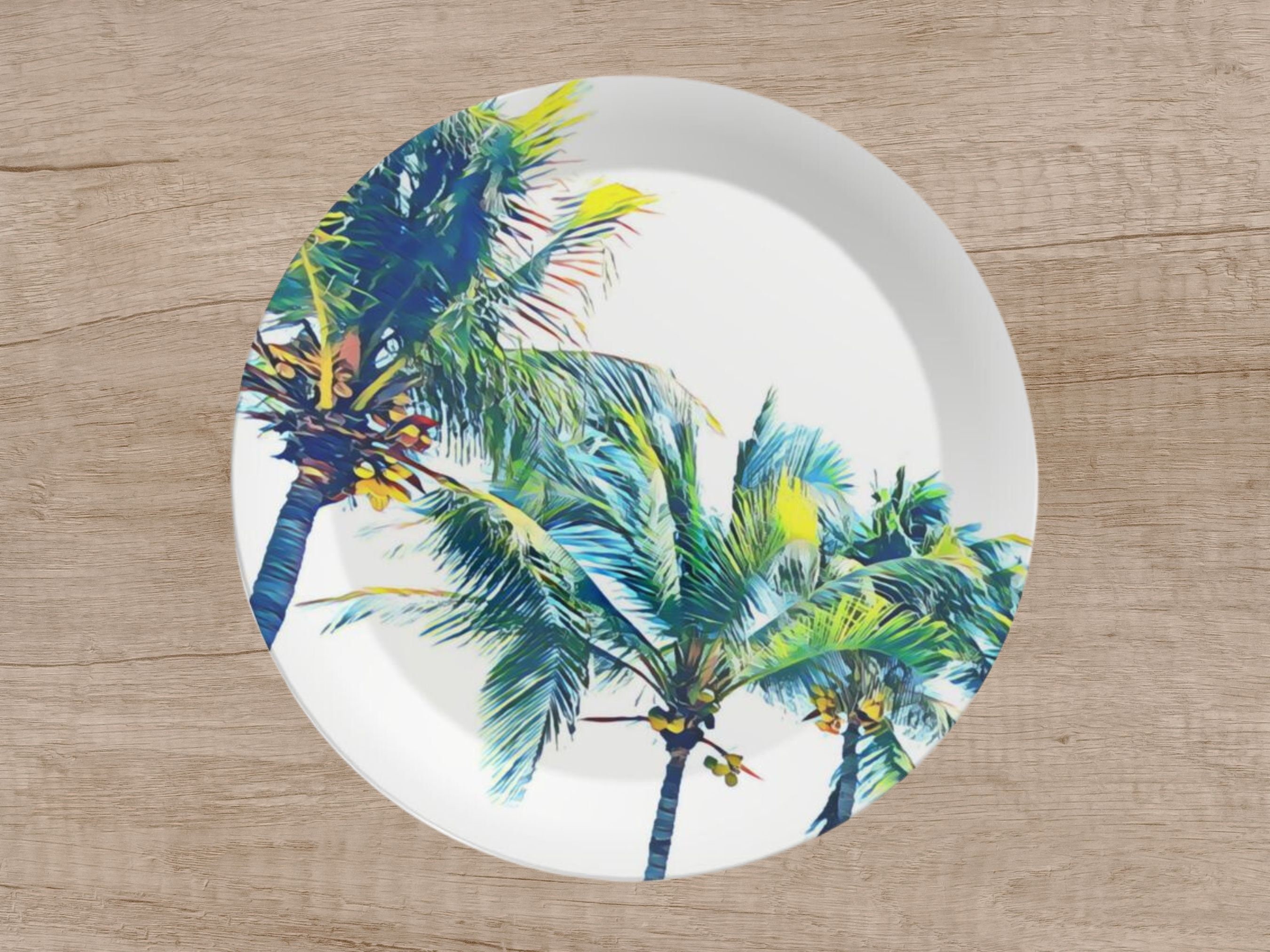Set of 75 Palm Tree Plastic Plates Made in UK Tropical Party Decor Shatterproof Summer Party Plate Set Beach Themed Outdoor
