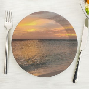 Set of 7.5&quot; Plastic Plates, Aruba Sunset Print, Made in UK, Beach Party Decor, Shatterproof Summer Dishes, Ocean Themed Outdoor Tableware