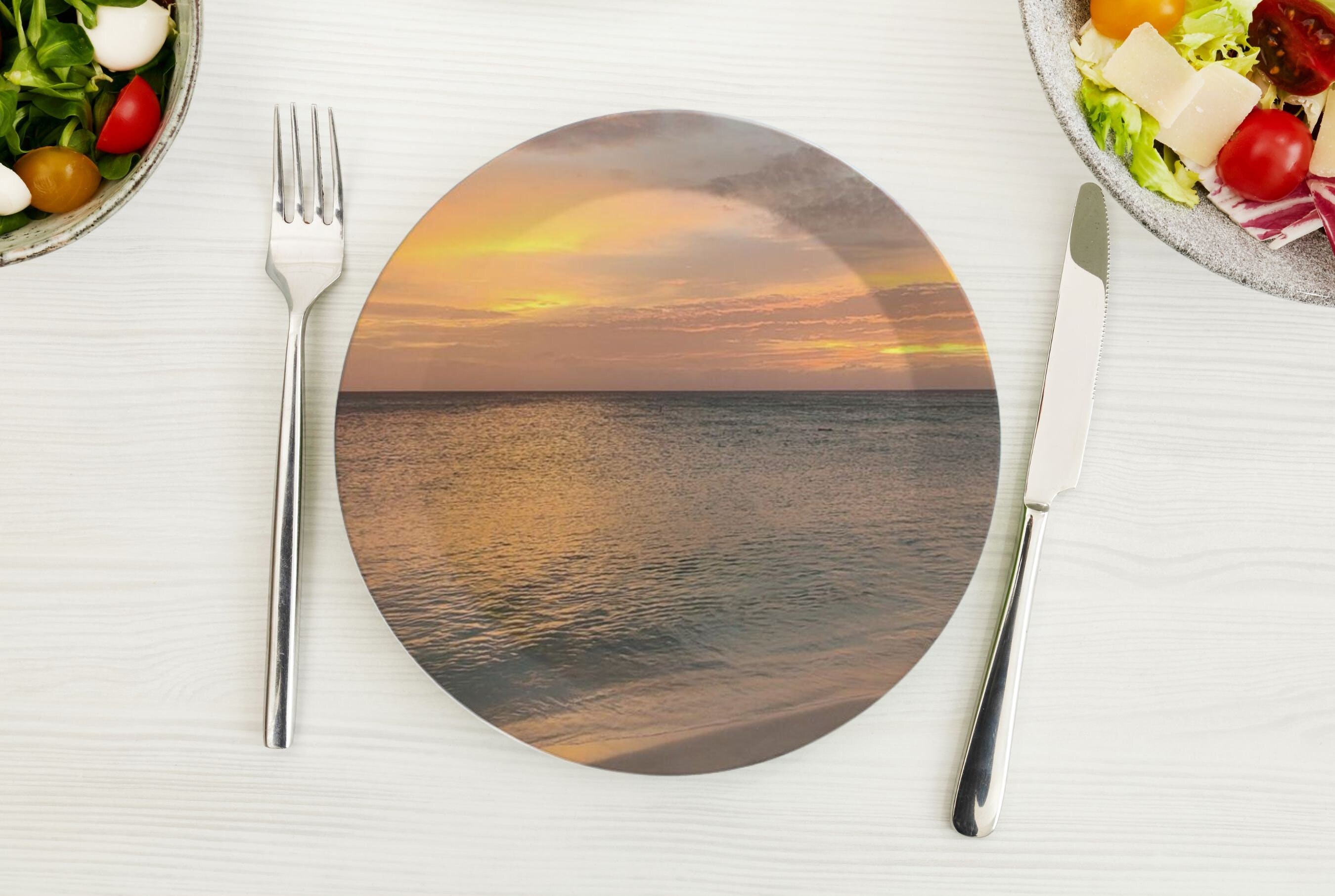 Set of 75 Plastic Plates Aruba Sunset Print Made in UK Beach Party Decor Shatterproof Summer Dishes Ocean Themed Outdoor
