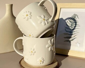 Daisy Ceramic Handmade Embossed Mug for Coffee Milk Tea Gift Drinkware Gifts for Her Mothers Day Valentines