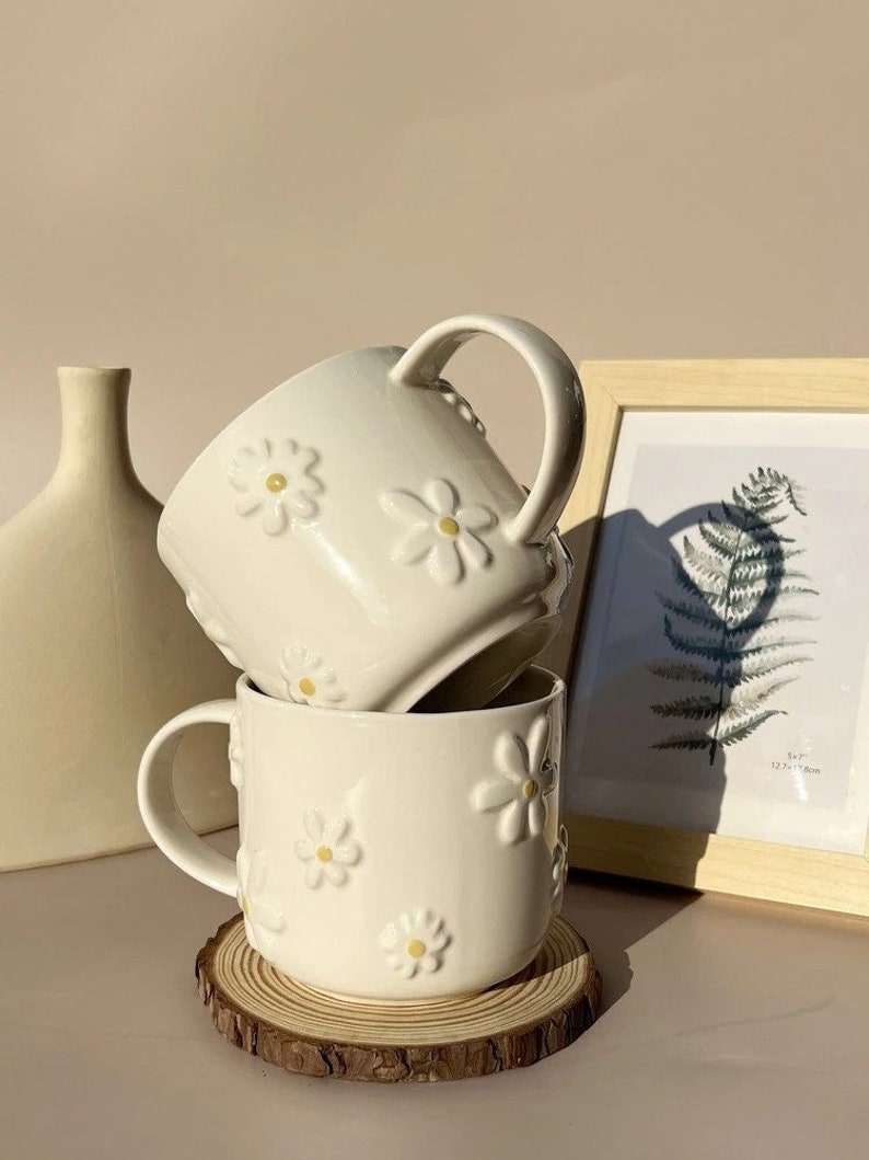 Daisy Ceramic Handmade Embossed Mug for Coffee Milk Tea Gift Etsy