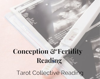 Puede incluir: Un test de embarazo blanco con dos líneas rosas descansa sobre imágenes de ultrasonido. El texto "Conception & Fertility Reading" y "Tarot Collective Reading" se muestra en negro.