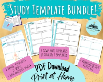May include: A study template bundle with a beach theme. The bundle includes two SOAP note templates, two pathophysiology templates, and one pharmacology template. The templates are printable and include anatomy images. The text "STUDY TEMPLATE BUNDLE!" is at the top of the image. The text "PDF Download Print at Home" is in the center of the image.