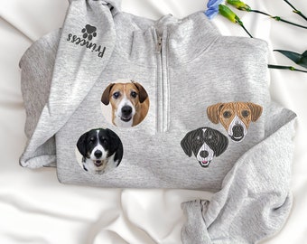 Custom EMBROIDERED Pet Quarter Zip Sweatshirt, Dog Potrait Zip Up Sweatshirt, Personalized Dog Full Zip Sweater, Dog Mom Sweatshirt