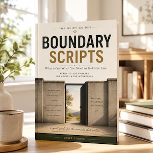 May include: A hardcover book titled Boundary Scripts: What to Say When You Need to Hold the Line. The cover features a stone wall with an open door revealing a path, text listing common requests, and the phrase My Time, My Energy, My Choice.