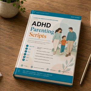 Puede incluir: Libro «ADHD Parenting Scripts» con una ilustración familiar sobre una mesa de madera. El libro tiene una portada turquesa y blanca con el título en letras grandes naranjas y turquesas. Un bolígrafo, una taza de café, una planta y una manta crema también están sobre la mesa.