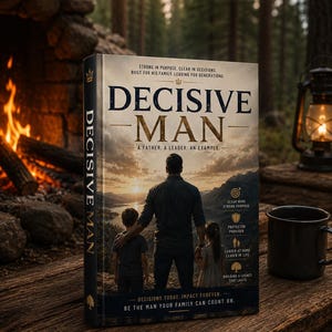 May include: A hardback book titled Decisive Man featuring a cover illustration of an adult standing with two children overlooking a landscape at sunset. The text includes Strong in Purpose, Clear in Decisions, Built for His Family, Leading for Generations.