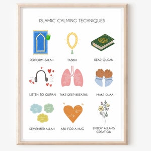 Ilustración de gráficos de técnicas calmantes islámicas / Rincón calmante Montessori / Guardería islámica educativa / Arte en el aula / Arte para niños