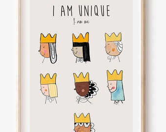 Je suis unique je suis moi impression numérique | Auto-affirmation | Illustrations pour enfants | Décor de pépinière | Décor pour enfants | Impression de chambre d'enfant | Décor neutre