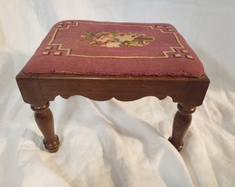 Antique Needlepoint Embroidered Foot Stool