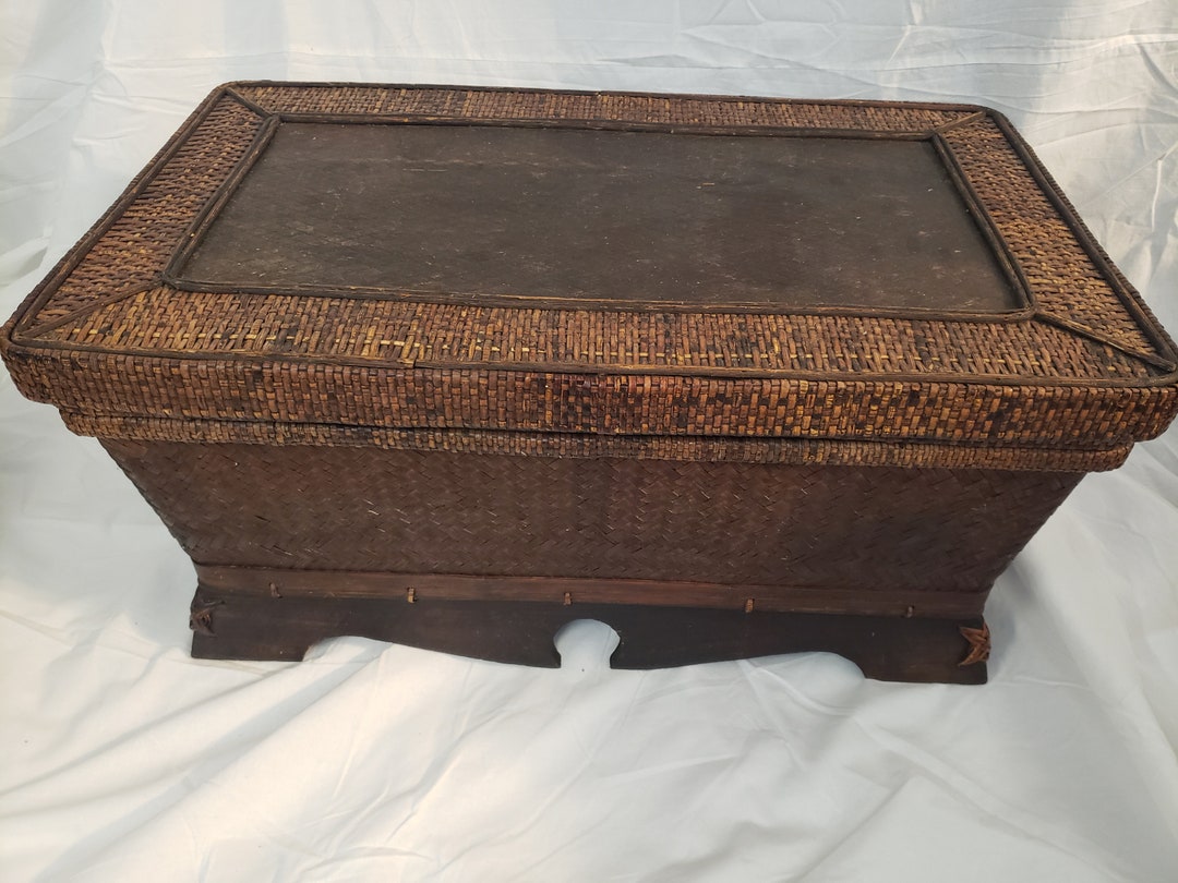 Chinese Antique Rattan Basket Coffee Table With Dark Brown Etsy