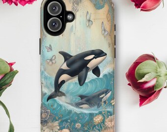 MagSafe Orca Whale Tough Case Cottagecore iPhone 16 Cell Case Vintage Look Romantic Aesthetic Whale Magnetic Case Gift for Nature Lovers