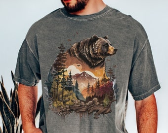 Grizzly Bear Shirt, Bear Watercolor Forest Mountain Scene Shirts, Woodland Animal Lover Tshirt, Mens Gift Shirts, Camping Wilderness Tshirts