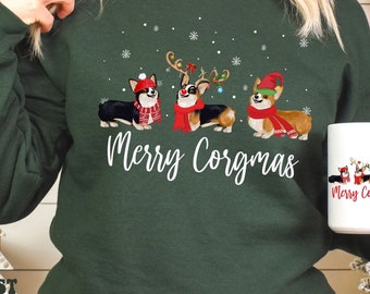 Merry Corgmas Corgi Christmas Sweatshirt, Corgis Wearing Christmas Outfits, Personalizable Corgi Shirt for Winter