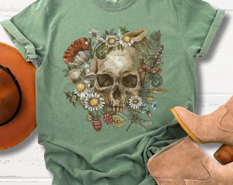 Skull Shirt, Gothic Comfort Colors Floral Skull Tee, Goblincore Shirt, Dark Academia Aesthetic, Forestcore Floral Skull Shirt, Witchy Vibe