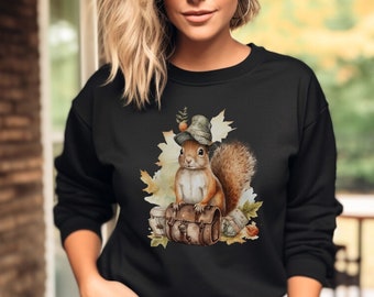 Squirrel Sweatshirt, Backpacking Squirrel Sweatshirt, Woodland Animal Lover Shirt, Cute Camping Sweatshirt for Fall, Autumn Forestcore Shirt