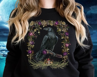 Raven Sweatshirt, Whimsigoth Floral Shirt, Witchy Shirt, Goth Forestcore Shirt, Dark Cottagecore |  Dark Academia | Goblincore Sweatshirt
