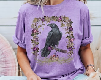 Whimsigoth Forestcore Raven T-shirt, Witchy T-Shirt, Gothic Raven Shirt, Comfort Colors Dark Cottagecore |  Dark Academia | Goblincore Tee