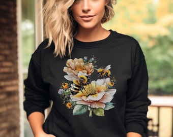 Bee and Flowers, Honey Bee Sweatshirt, Cottagecore Aesthetic, Wildflower Shirt, Gift for Gardener, Nature Lover Shirt