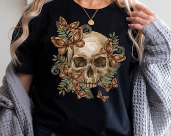 Gothic Skull T-shirt, Goblincore Skull Tshirt, Comfort Colors  T-shirt, Dark Academia Aesthetic, Forestcore Skull and Moths Shirt