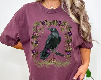 Dark Cottagecore Raven T-shirt, Forestcore Shirt, Whimsigoth Tee, Witchy Gothic Raven Shirt, Comfort Colors Dark Academia | Goblincore Tee