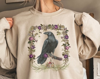 Whimsigoth Floral Raven Sweatshirt, Witchy Floral Shirt, Goth Forestcore Shirt, Dark Cottagecore |  Dark Academia | Goblincore Sweatshirt
