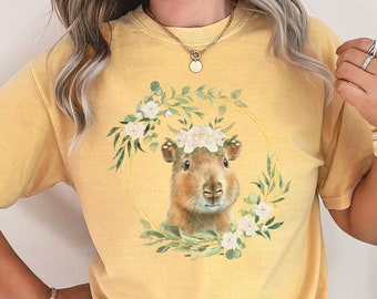 Cottagecore Capybara Shirt Cute Woodland Animal T-shirt Forestcore Floral Nature Lover Tee Whimsical Floral Capybara Gift for Women or Girl