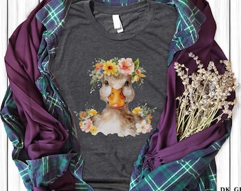 Duck TShirt, Duck and Flowers T-shirt, Whimsical Farm Animal, Cottagecore Aesthetic  Watercolor Duck and Flowers, Nature Lover Tee