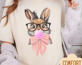 Cute Rabbit Shirt Gift For Easter, Easter Family Shirt, Kids Easter T-Shirt, Easter Girl Tee, Bubble Gum Bunny Shirt, Easter Egg Hunt Outfit