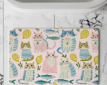 Pink Cats & Sardines Bath Mat | Whimsical Cat Bathroom Rug | Coastal Lemon Bath Rug | Cottagecore Bathroom Decor