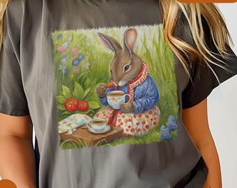 Vintage Bunny Tea Party Comfort Colors Shirt, Spring Cottagecore Tee