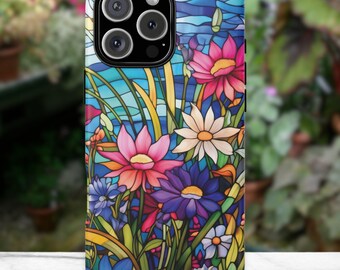 Personalized 3D Look Floral Phone Case, Stained Glass Flowers Tough Case, Unique Gardener Gift, Protective Floral iPhone, Pixel, Galaxy Case