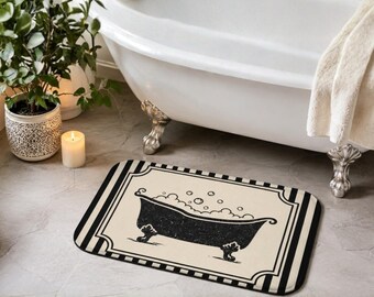 Vintage Clawfoot Tub Bath Mat, Black and Cream Bathroom Rug, Antique Style Bathroom Decor