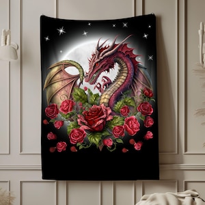 Dragon Celestial Plush Blanket Fantasy Throw Dark Dragon Lover Gift Mystical Dragon and Roses Soft Velveteen Bedding Mythical Home Decor