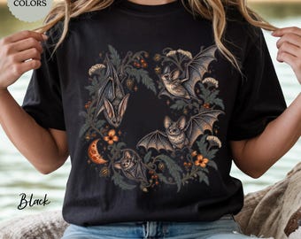 Vintage Bat Shirt, Gothic Halloween T Shirt, Botanical Bat Tee, Witchy Dark Cottagecore Shirt